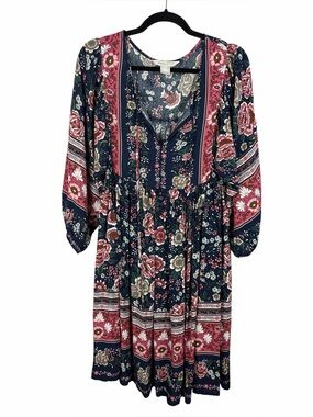 Apricot Floral Boho Peasant Dress Navy Pink Border Print Viscose Size 8